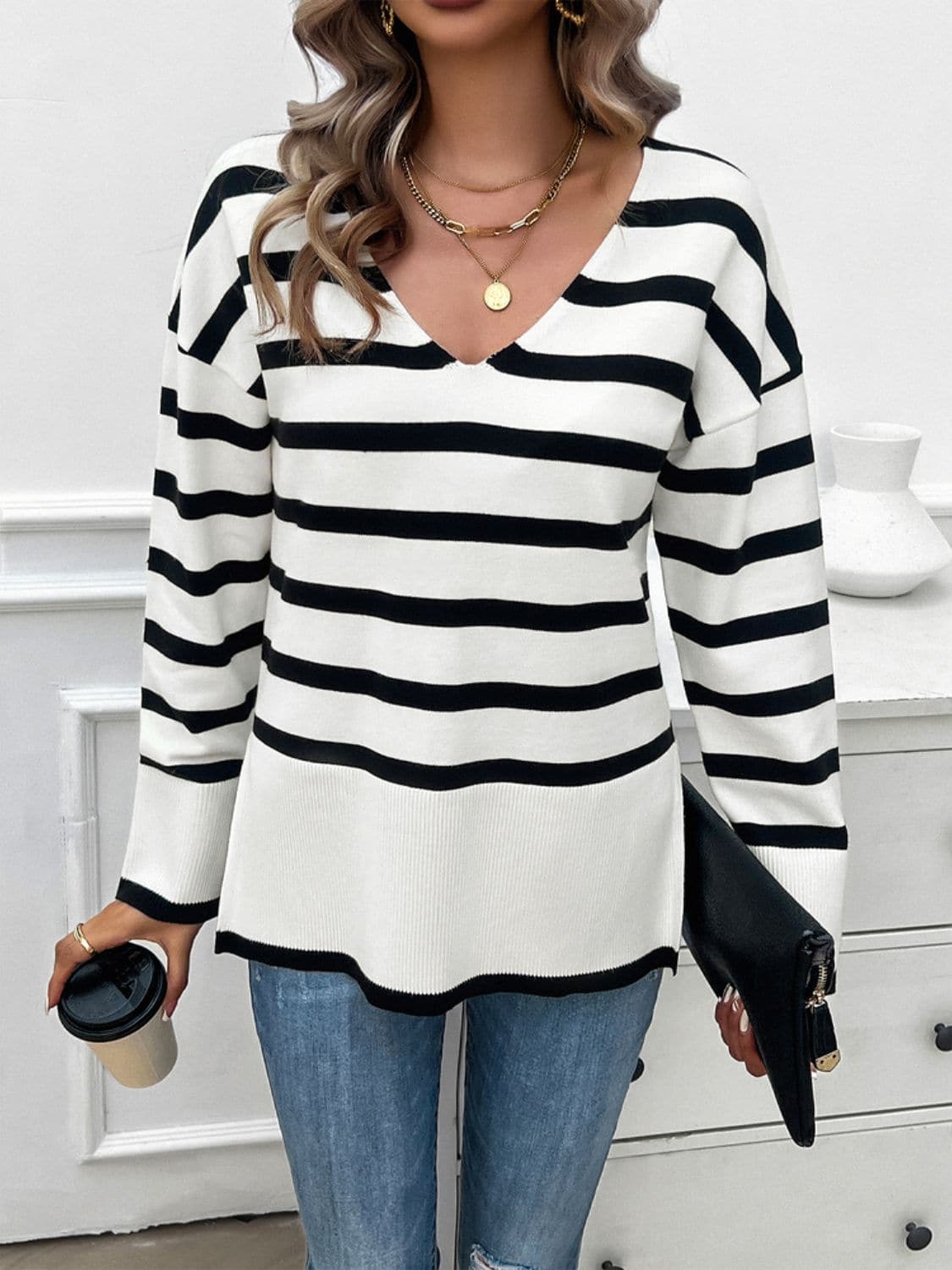 Striped V-Neck Long Sleeve Knit Top.