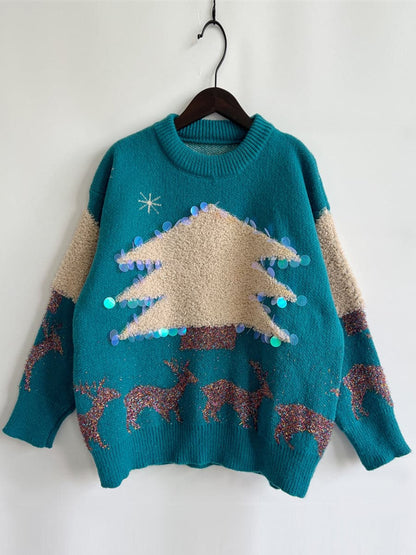 Sequin Christmas Tree & Reindeer Round Neck Sweater.