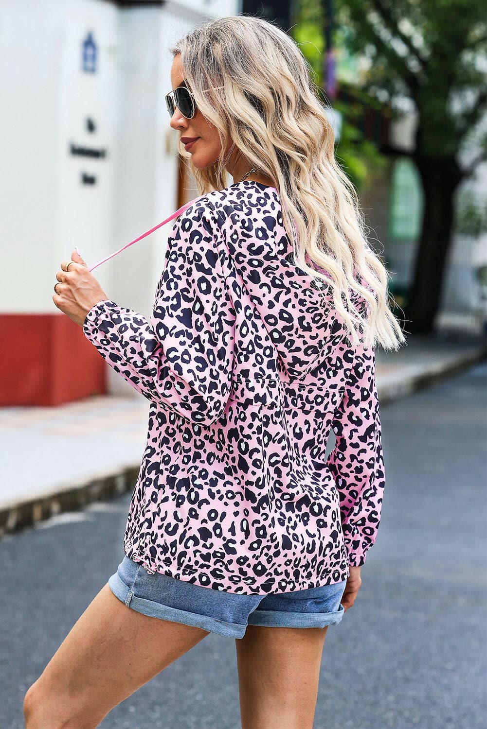 Drawstring Leopard Half Zip Hoodie.