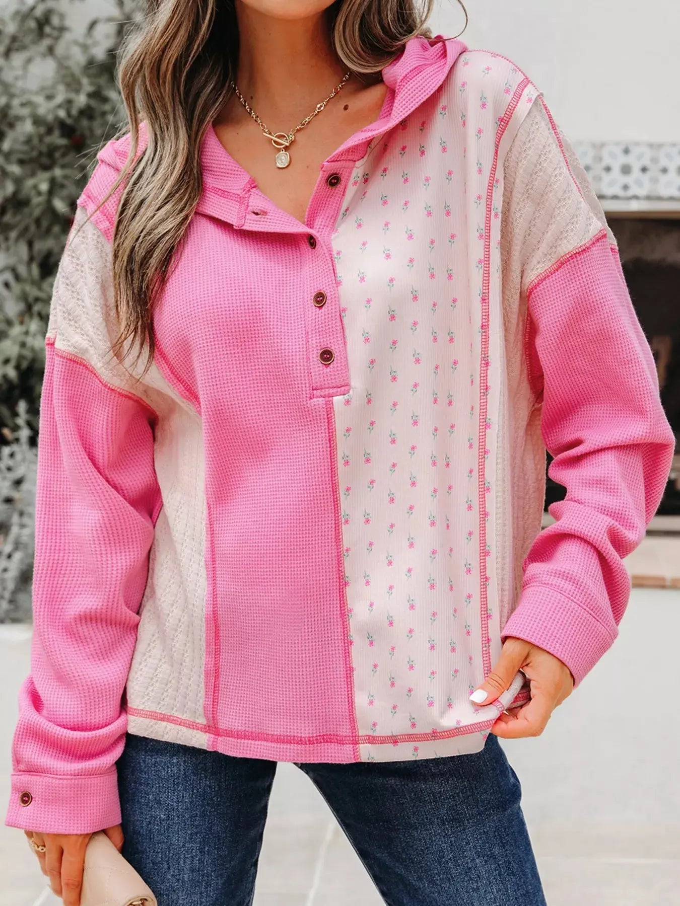 Mixed Texture Waffle Floral Patchwork Hooded Oversize Pullover Simply Love