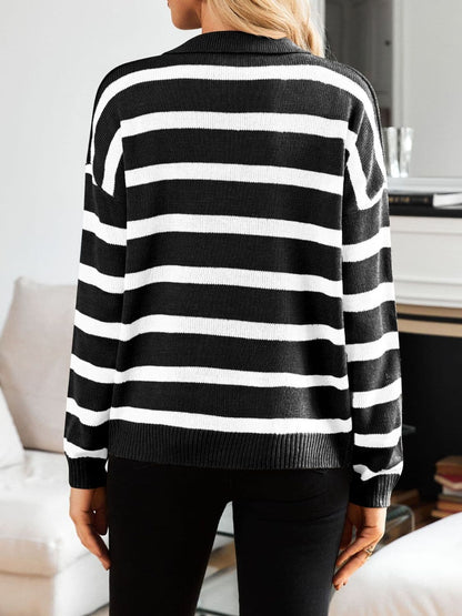 Stylish striped long sleeve sweater with Johnny collar