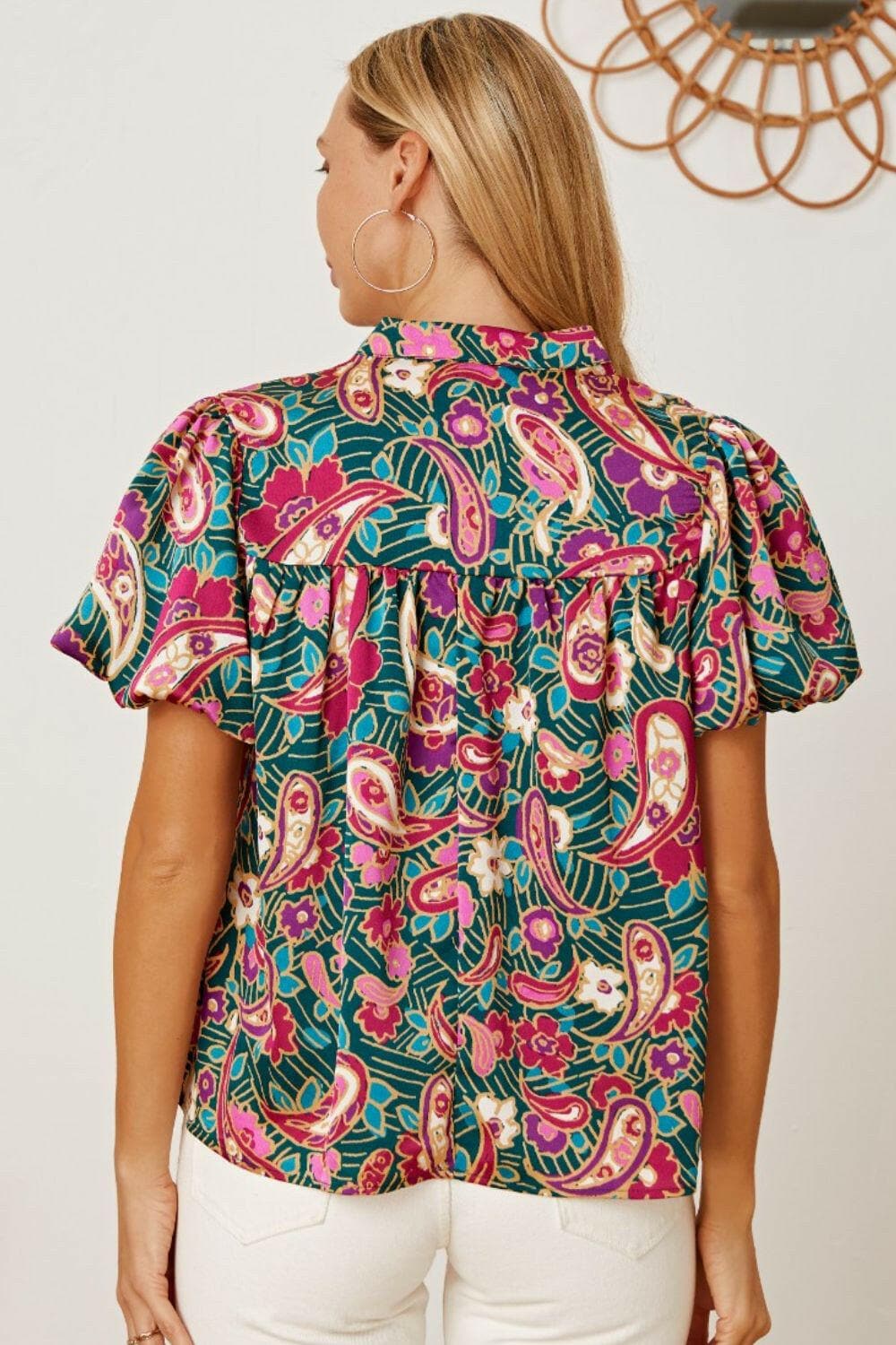 Floral Collared Neck Short Sleeve Blouse.