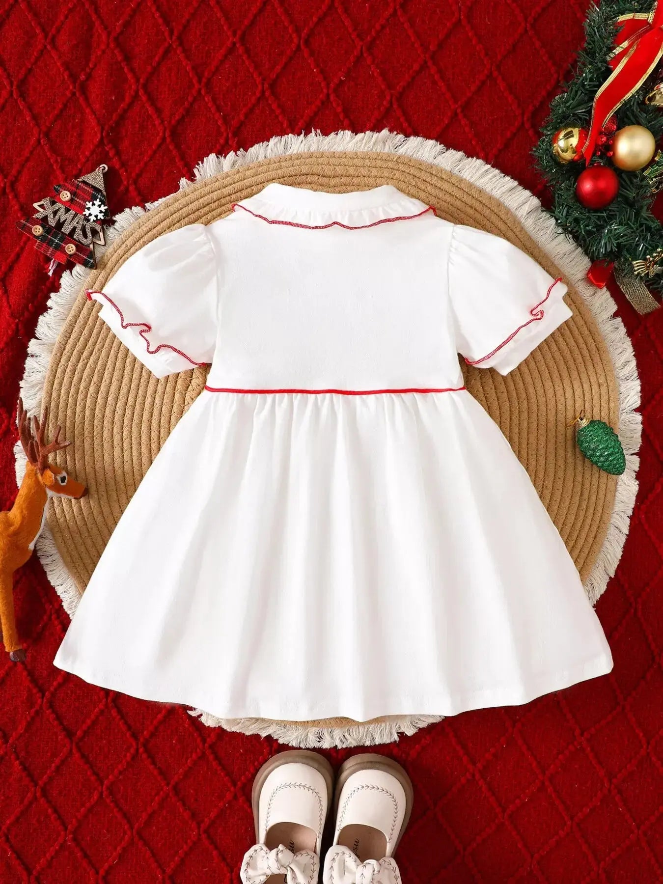 Children's Christmas Tree Embroidered Ruffle Trim Dress Simply Love