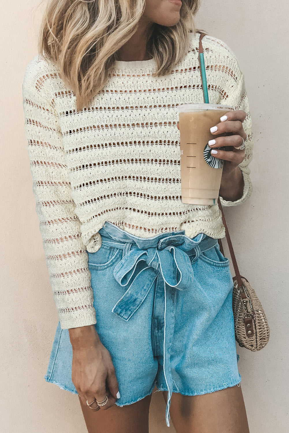 White Hollow Out Knit Round Neck Sweater For Women Chic