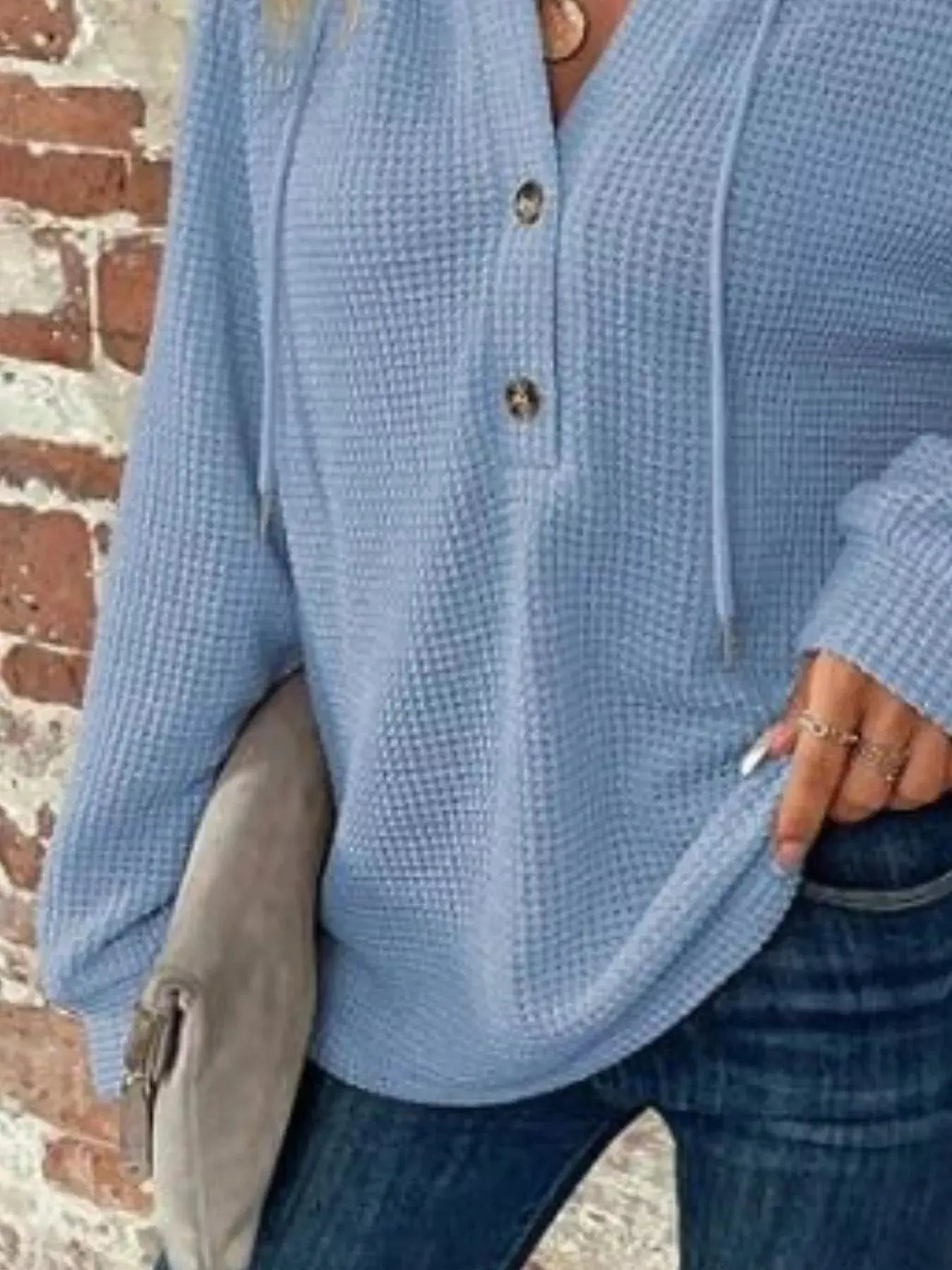 Waffle Knit Button Detail Hoodie Simply Love