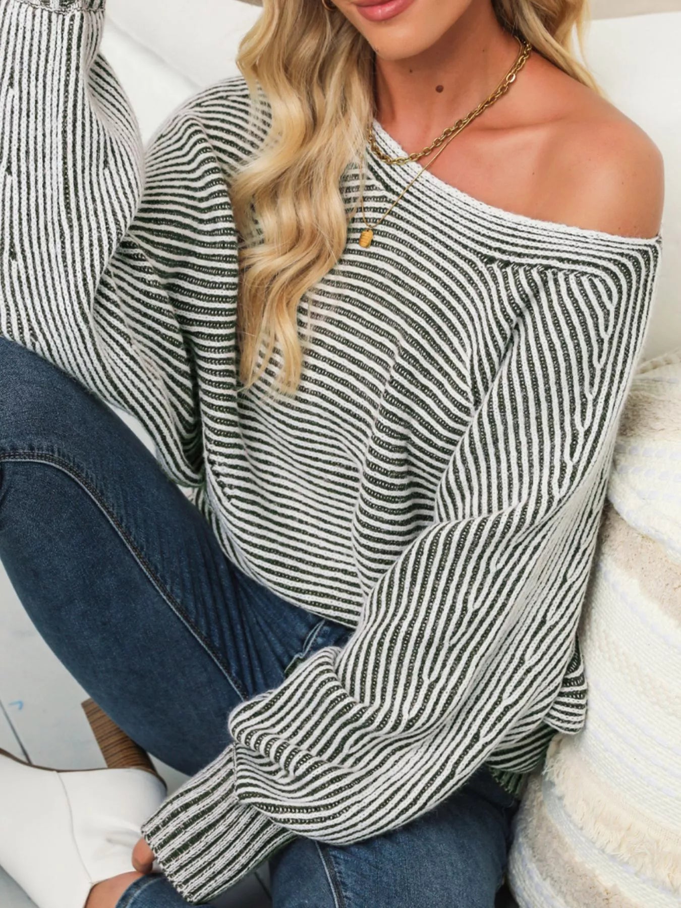 Striped Ribbed Knit Boat Neck Baggy Sweater Simply Love