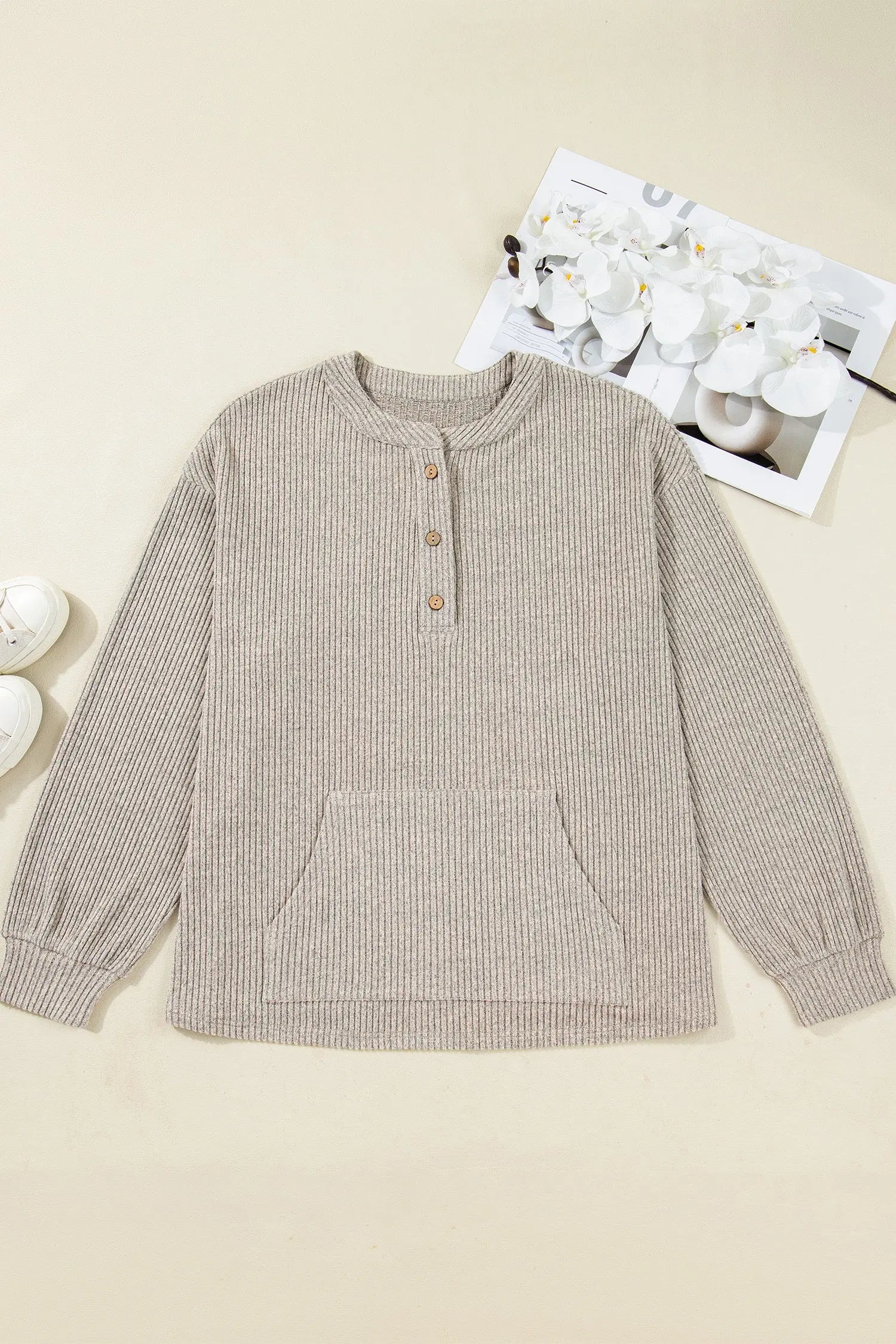 Simply Taupe Plus Size Ribbed Knit Kangaroo Pocket Henley Long Sleeve Top Dear-Lover Dropshipping