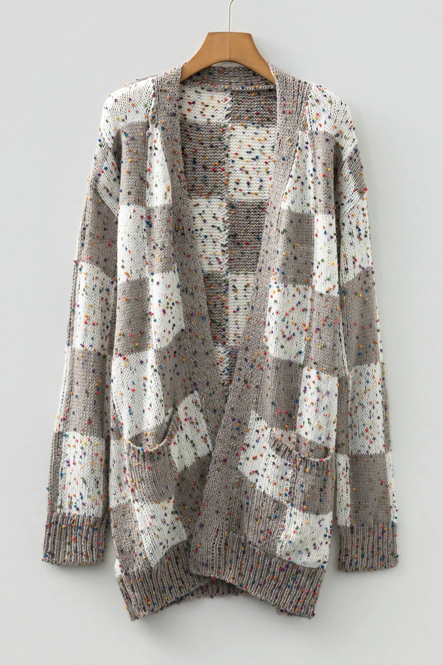 Brown Confetti Dot Checkered Print Open Cardigan with Pockets Dear-Lover Dropshipping
