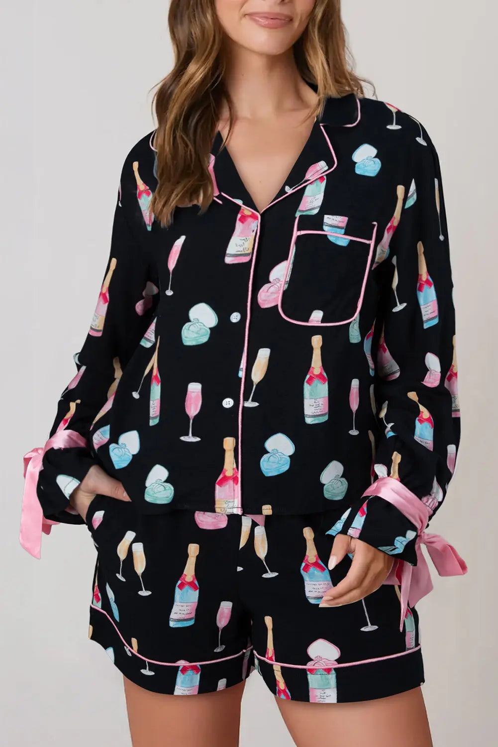 Black Christmas Wine Glass Print Bow Knot Two Piece Pajama Set Dear-Lover Dropshipping