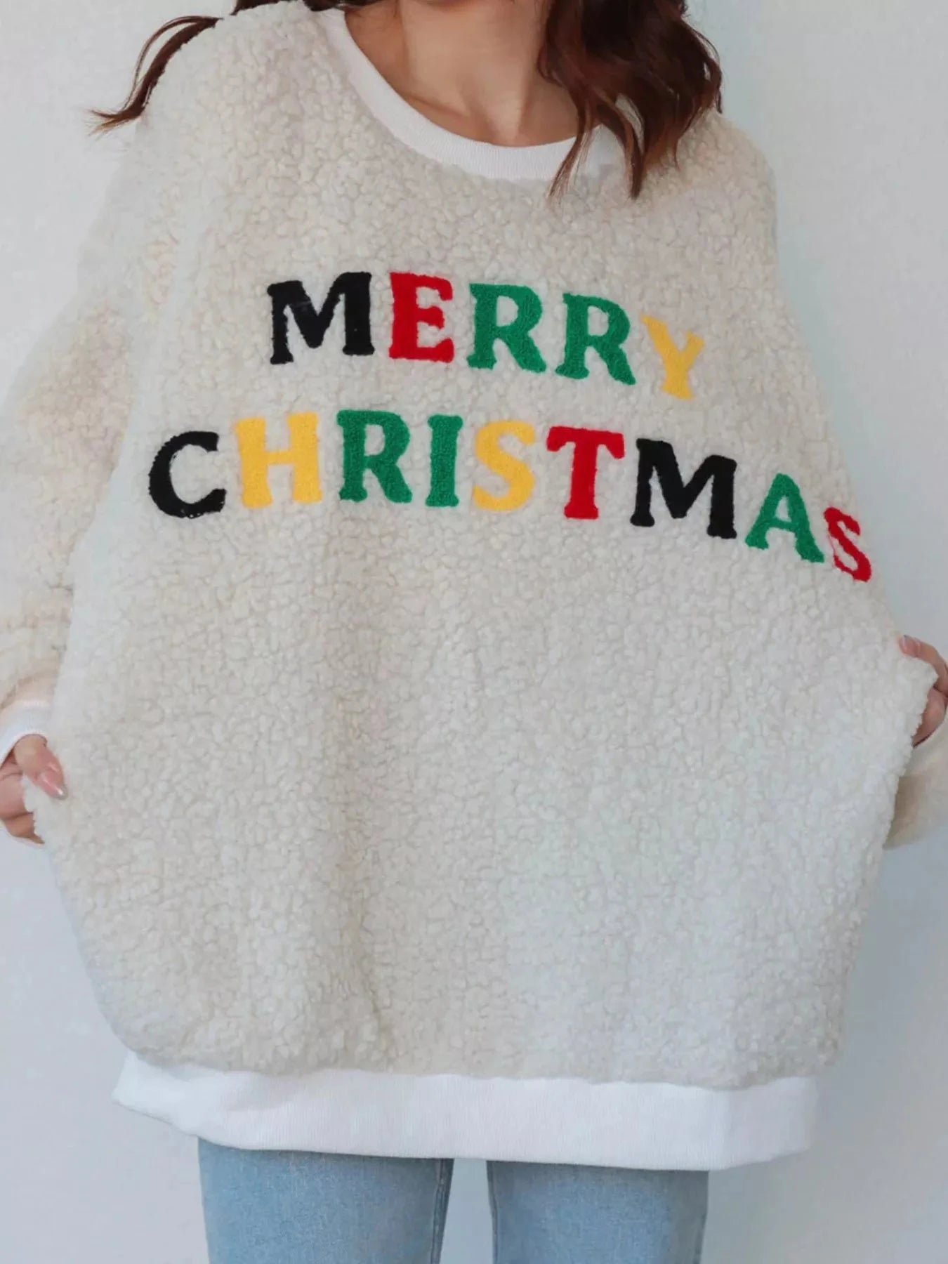 Cozy Sherpa Fleece Christmas Sweatshirt With Colorful Merry Christmas Letters Simply Love