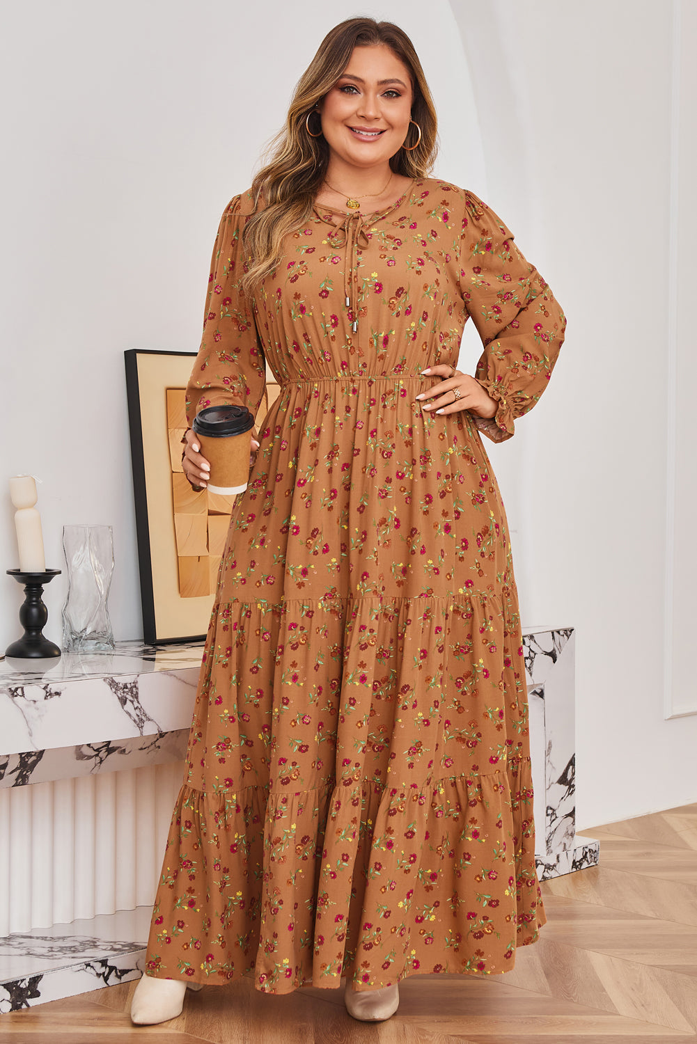 Brown Plus Size Floral Split V Neck Ruffled Sleeve Tiered Maxi Dress Dear-Lover Dropshipping