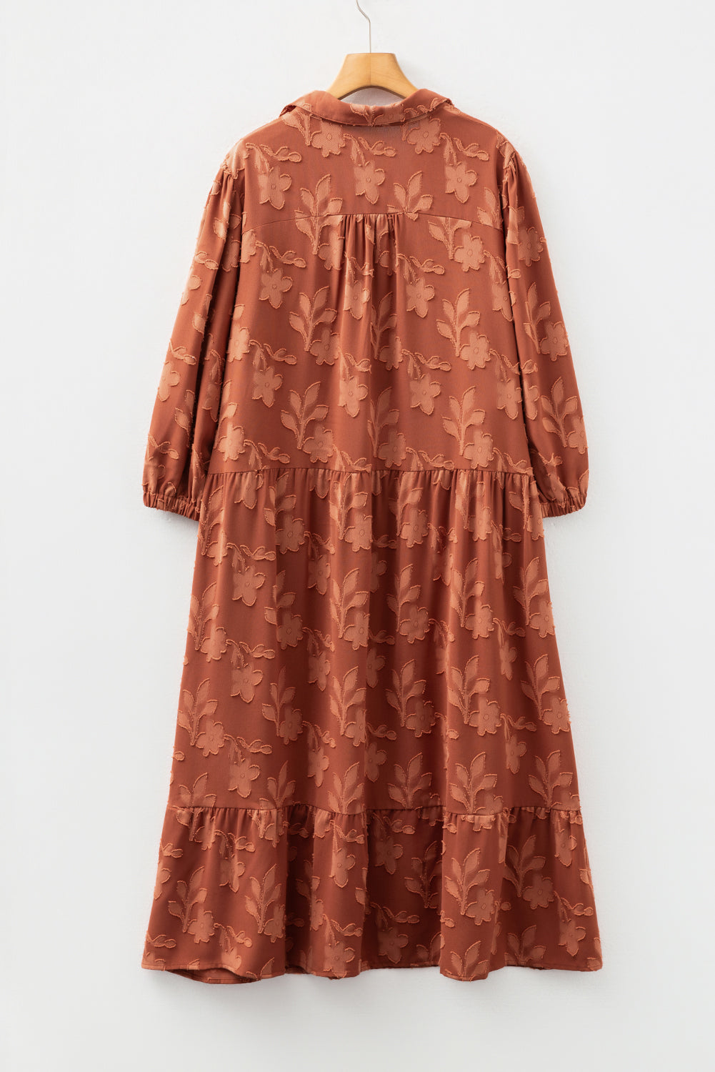 Premium Cinnamon Plus Size Textured 3D Flower Dress Ruffle Hem Long
