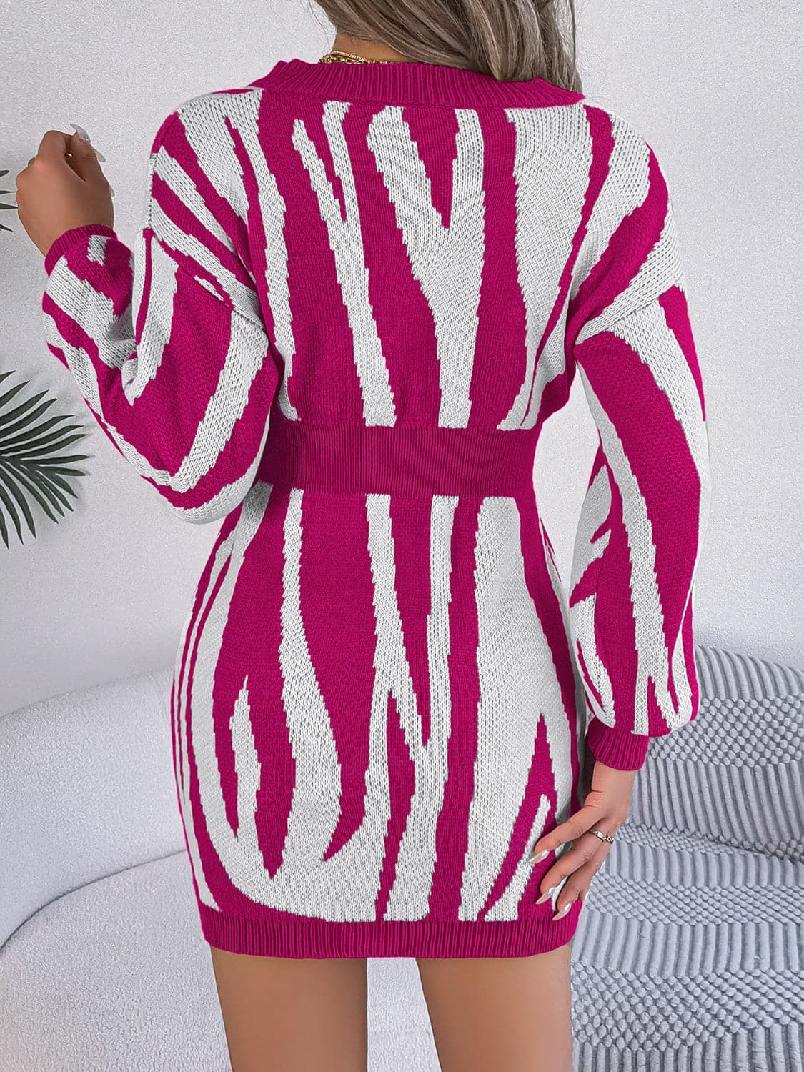 Animal Print V-Neck Long Sleeve Sweater Dress.