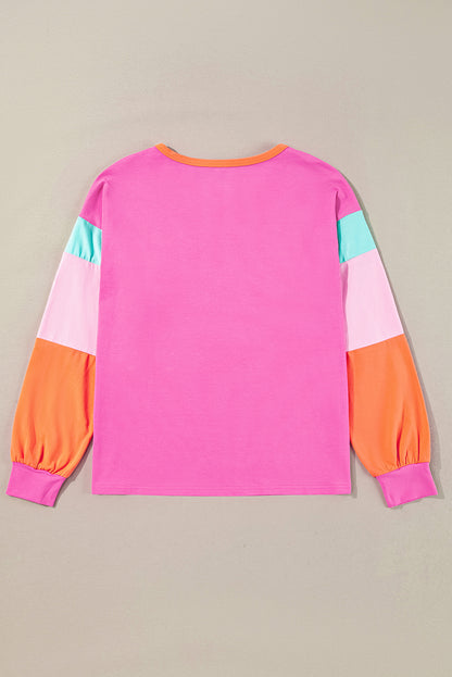 Chic rose red colorblock patchwork long sleeve top for a relaxed fit