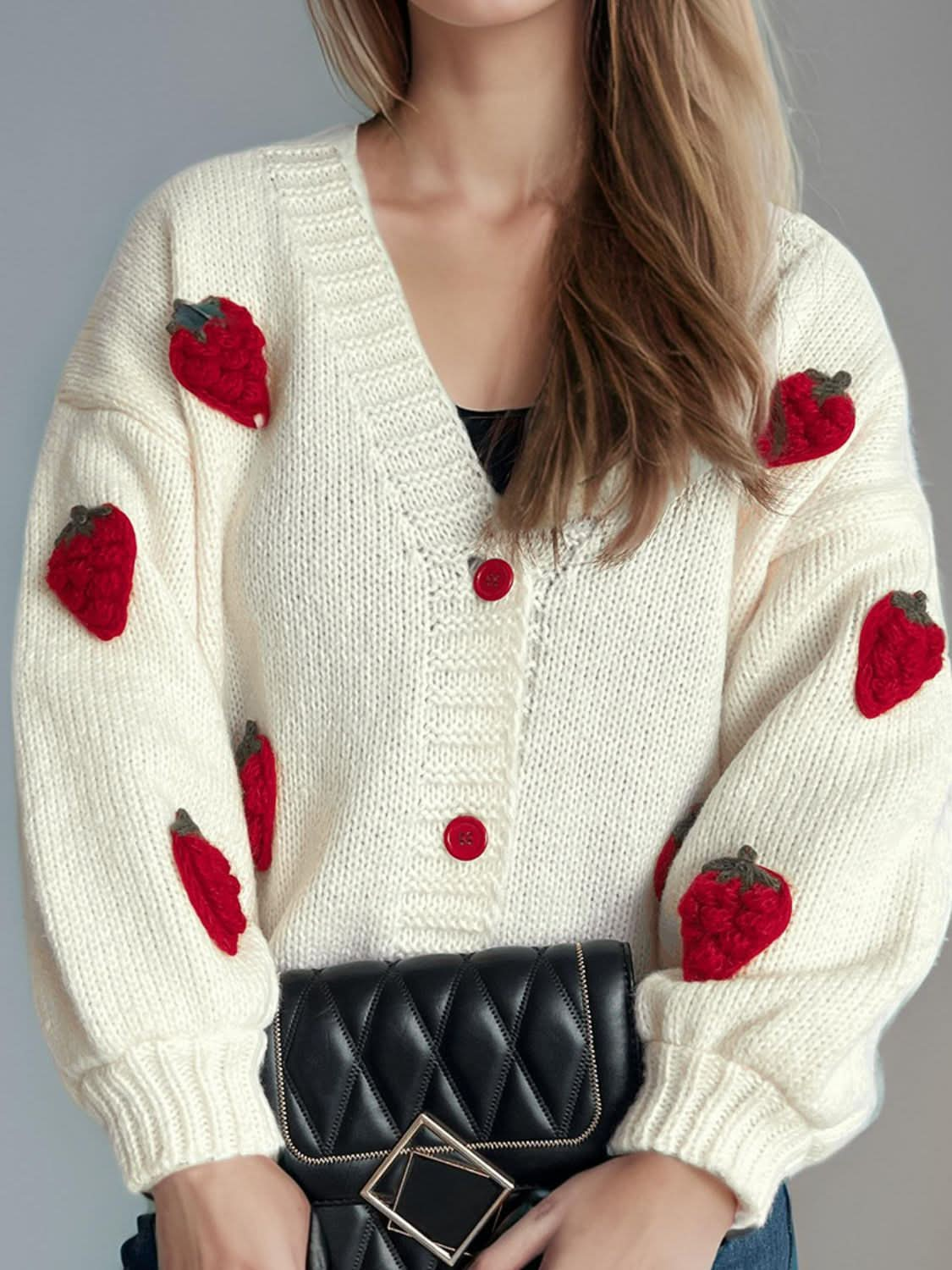 Crochet Strawberry V-Neck Long Sleeve Cardigan