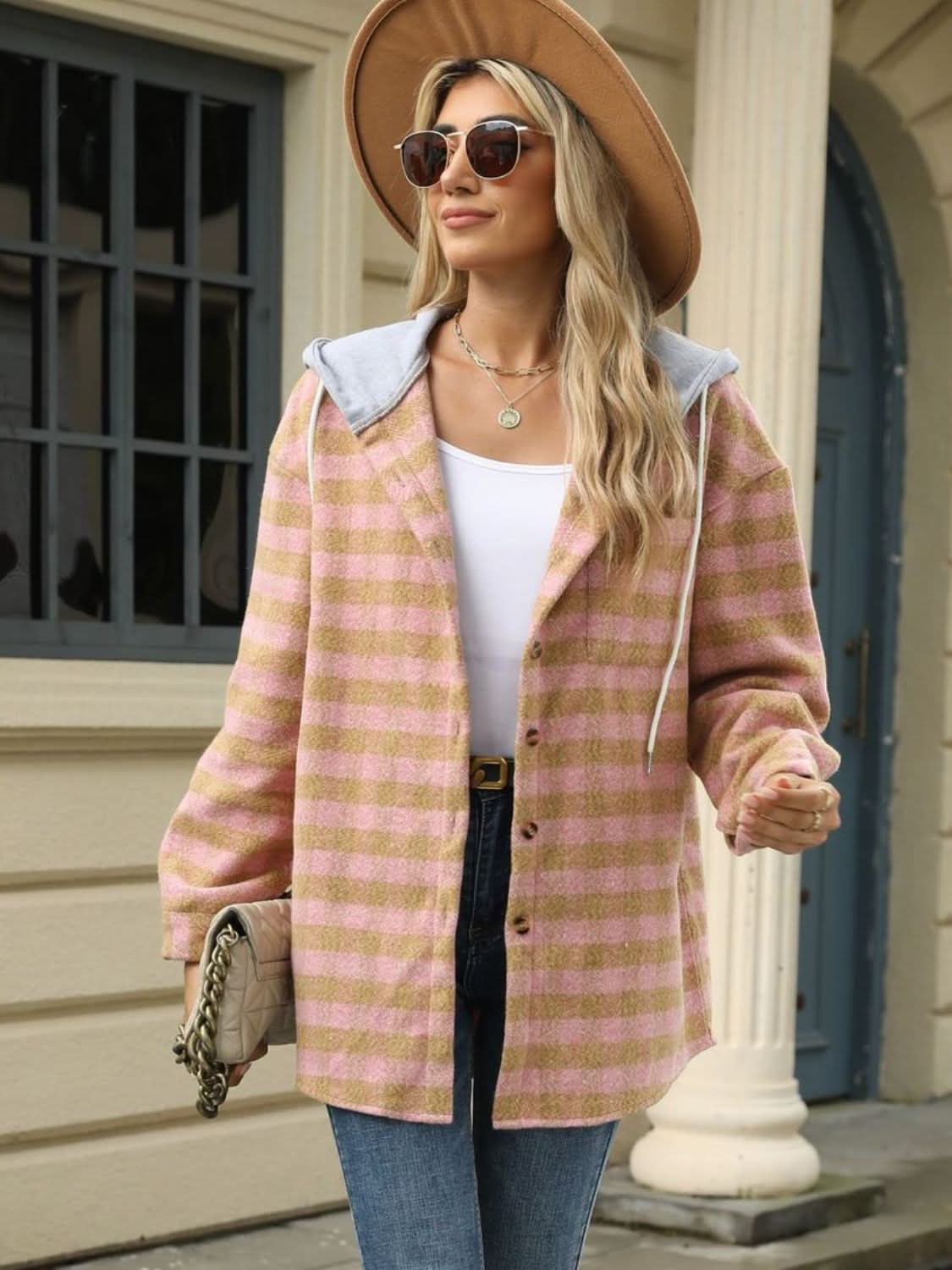 Plaid hooded jacket with pockets