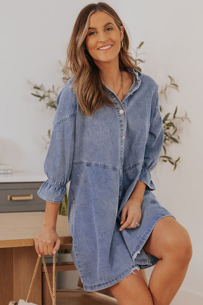 Collared Neck Flounce Sleeve Denim Mini Dress.