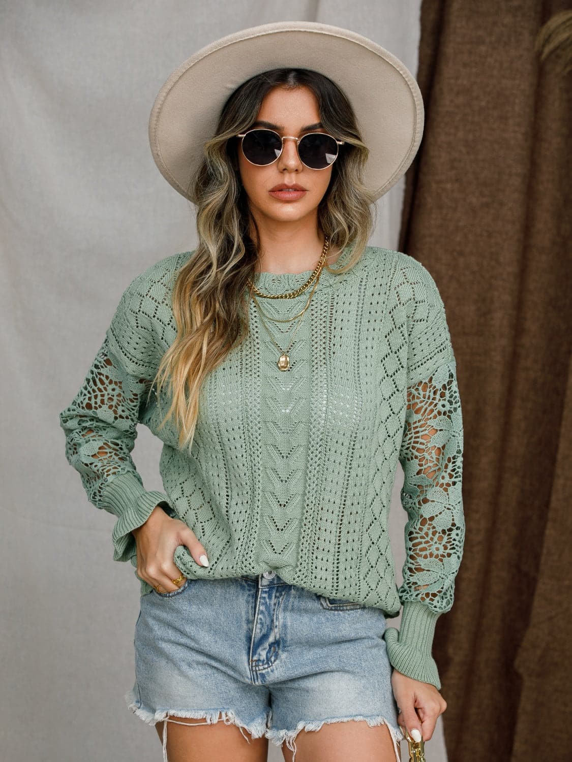 Eyelet Crochet Lantern Sleeve Sweater.