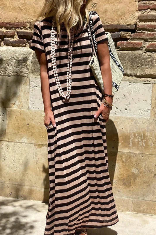 Stripe Casual Round Neck Tee Dress with Pockets Simply Love