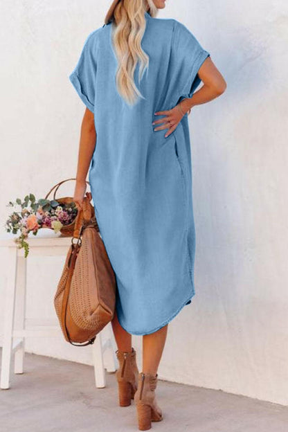 Slit Button Up Short Sleeve Imitation Denim DressUpgrade Your Wardrobe with Our Slit Button Up Short Sleeve Imitation Denim Dress!
 
 
Unique Design: Stand out in style with the chic slit button up design of this dLove Salve Short Sleeve Imitation Denim Dressswimwear