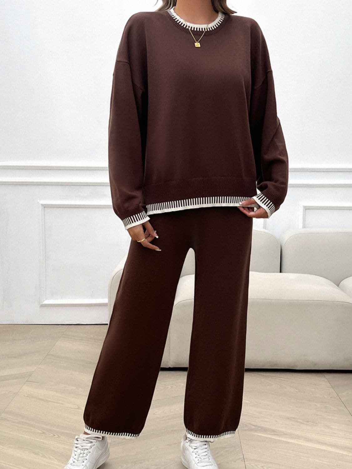 Round Neck Dropped Shoulder Top and Pants Sweater Set.