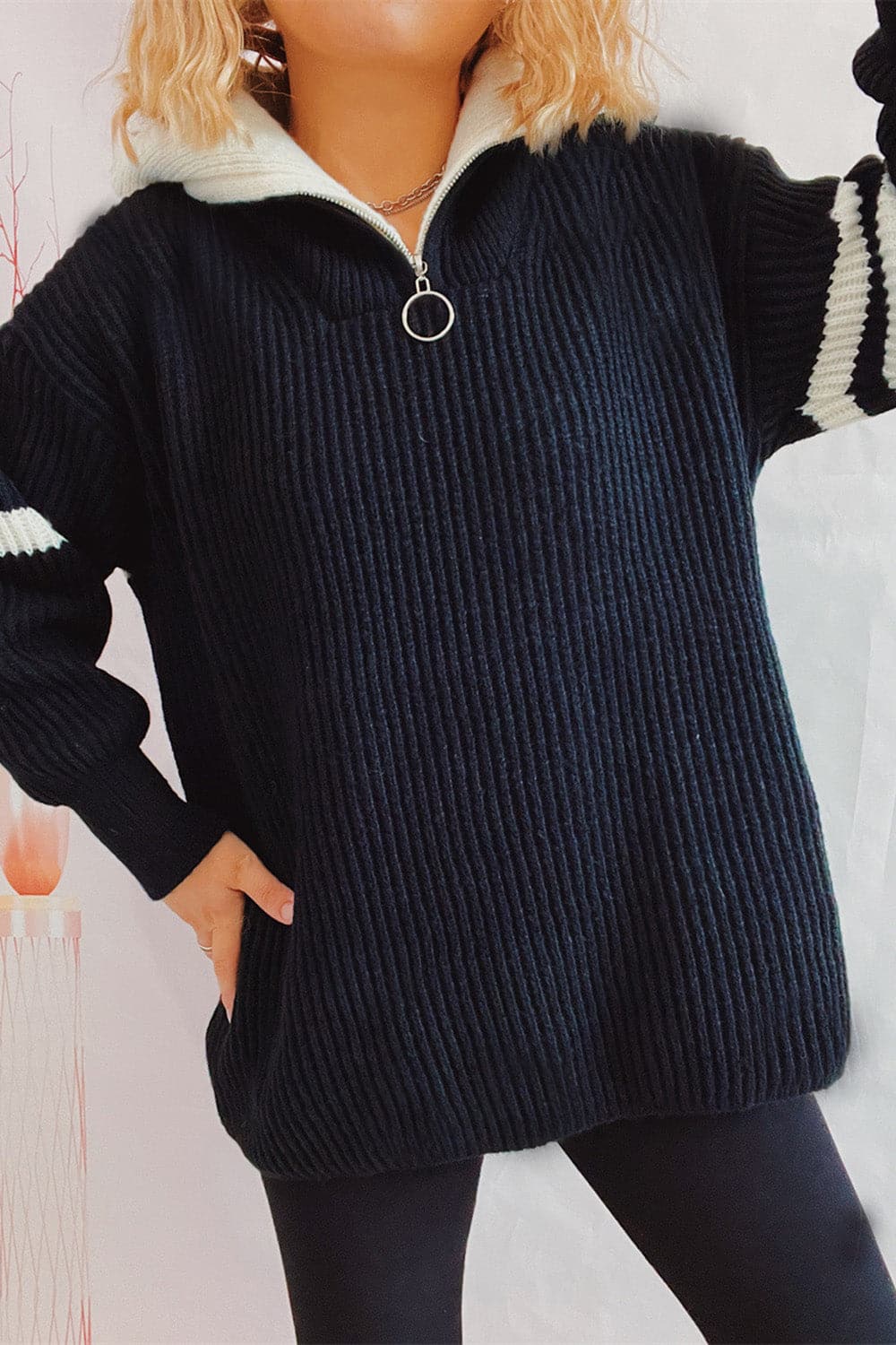 Quarter Zip Striped Dropped Shoulder Sweater.