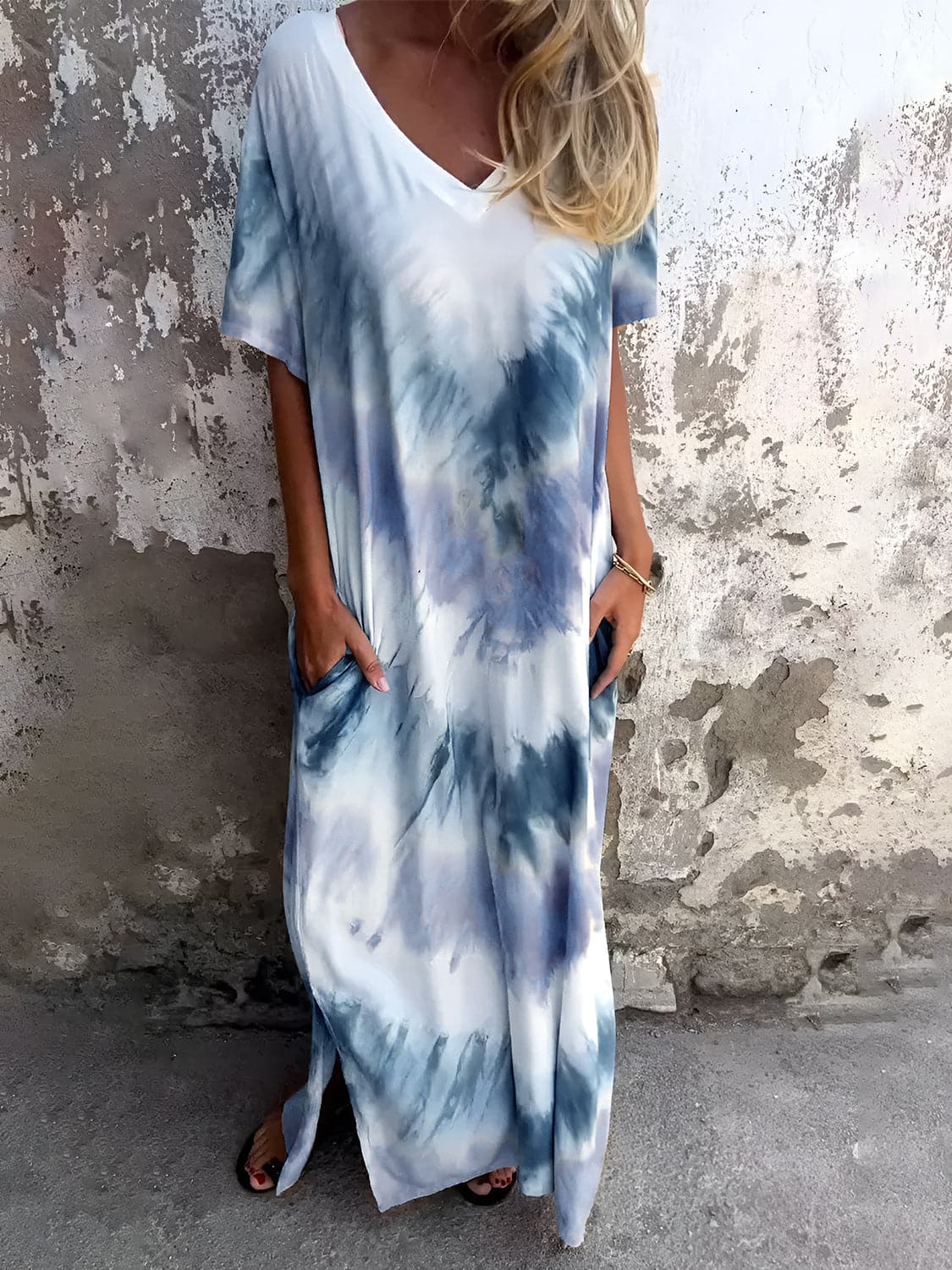 Full Size Pocketed Tie-Dye Short Sleeve Dress.