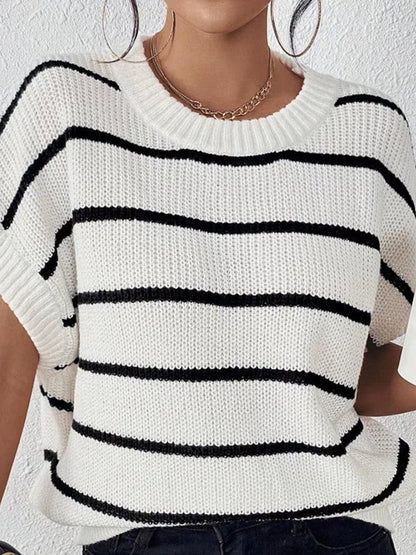 Striped Round Neck Short Sleeve Knit Top.