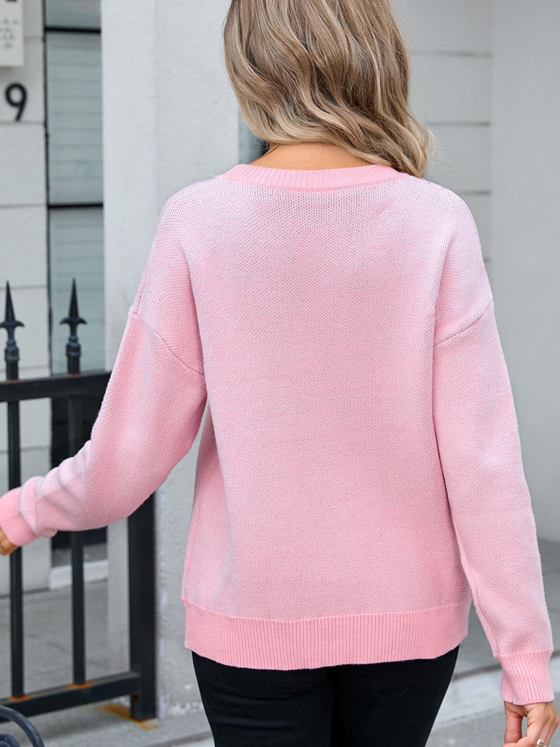 Bow Round Neck Dropped Shoulder Sweater.