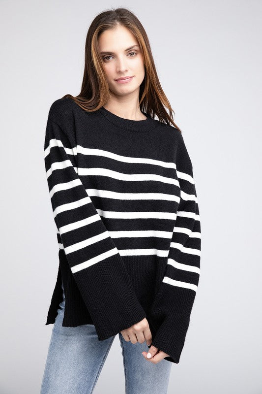 Ribbed hem striped sweater - cozy chic