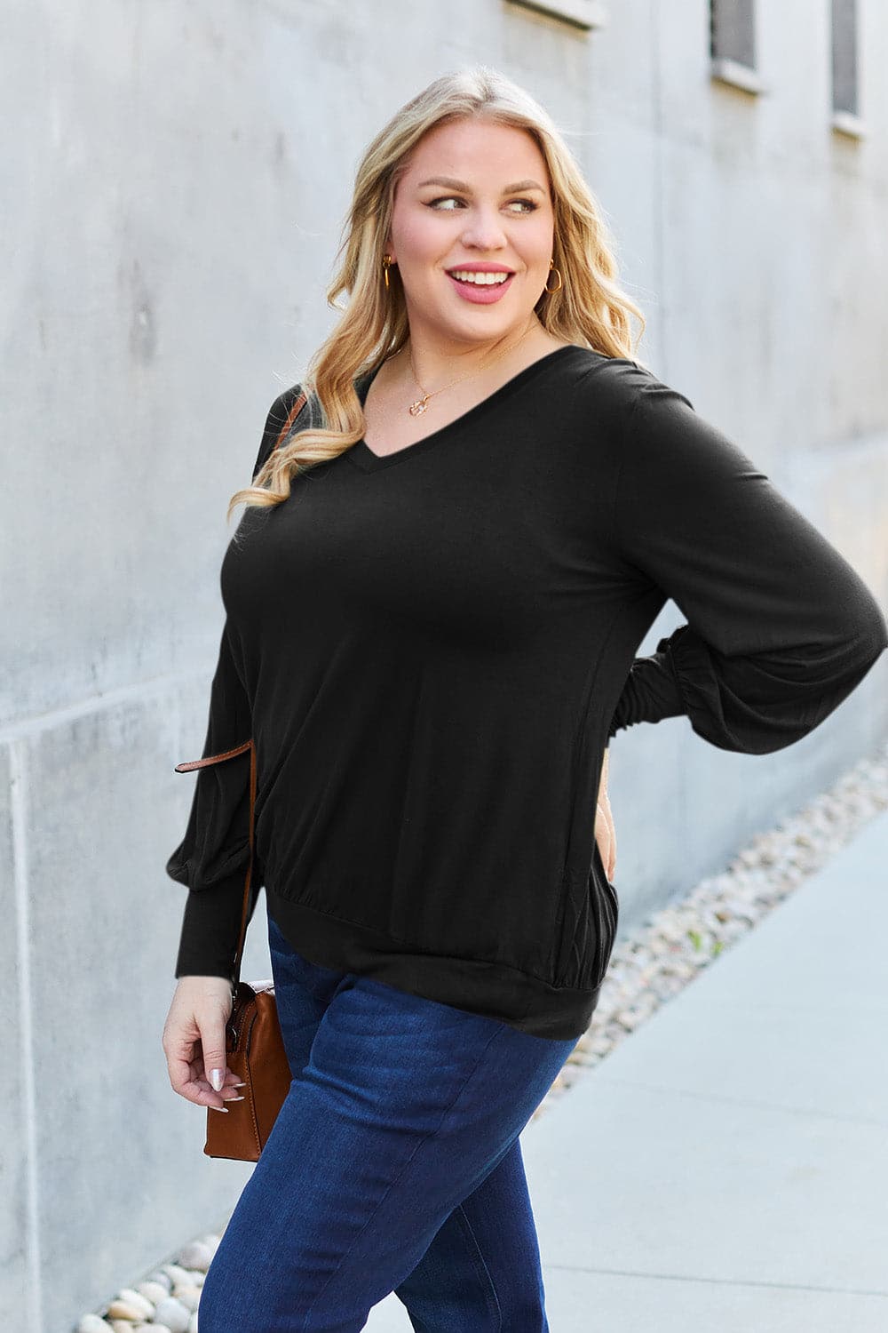 Basic Bae Full Size V-Neck Lantern Sleeve Top.