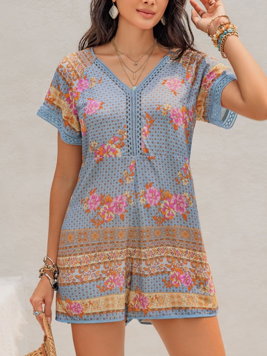 Printed V-Neck Short Sleeve Romper.