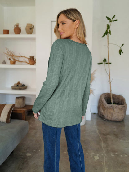 Slit Round Neck Long Sleeve T-Shirt.