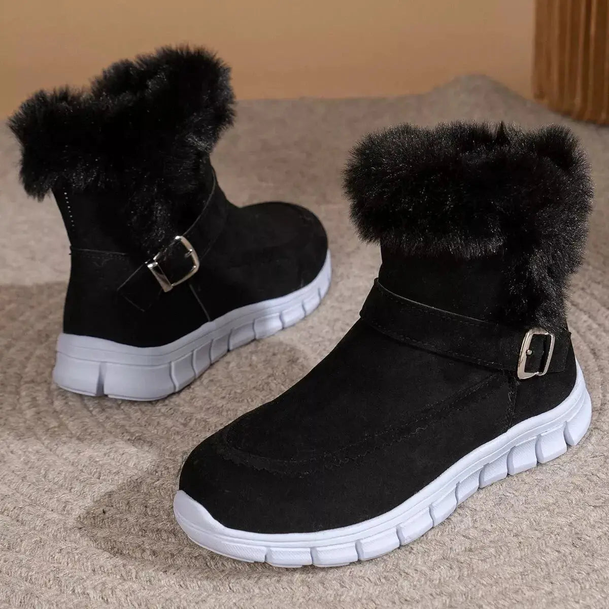 Fuzzy Trim Buckle Ankle Boots With Faux Fur Lining Simply Love