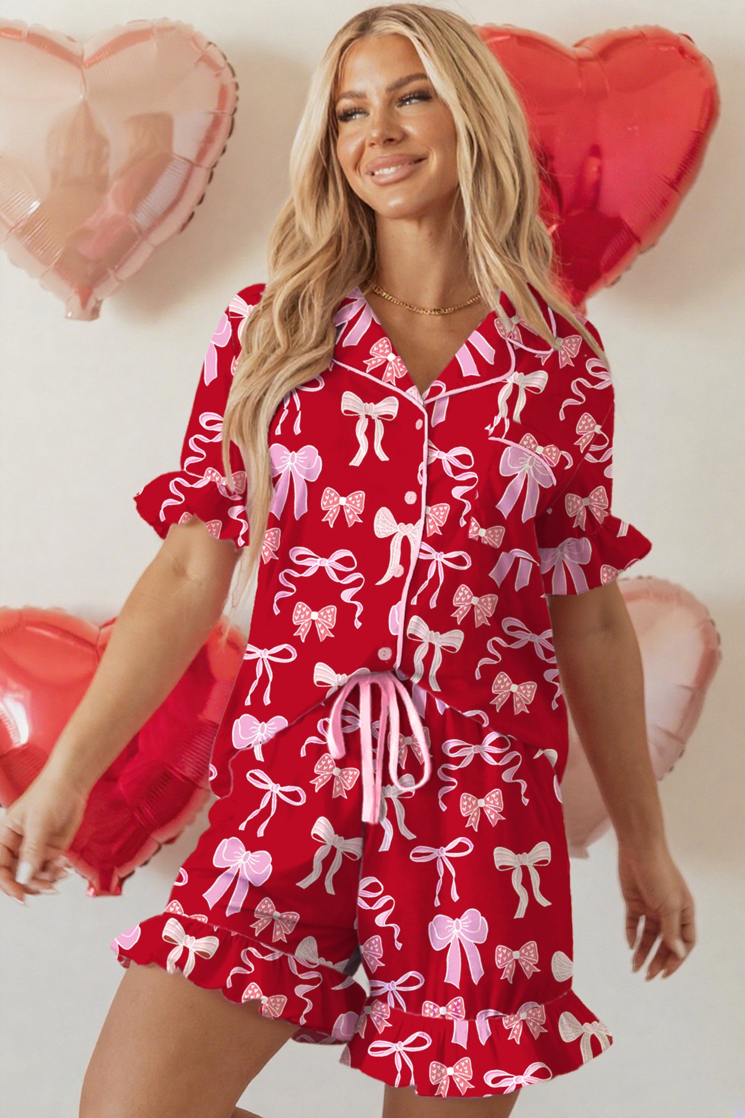Red Sweet Bow Print Ruffled Short Sleeve Shirt Shorts Two Piece Pajama Set Dear-Lover Dropshipping