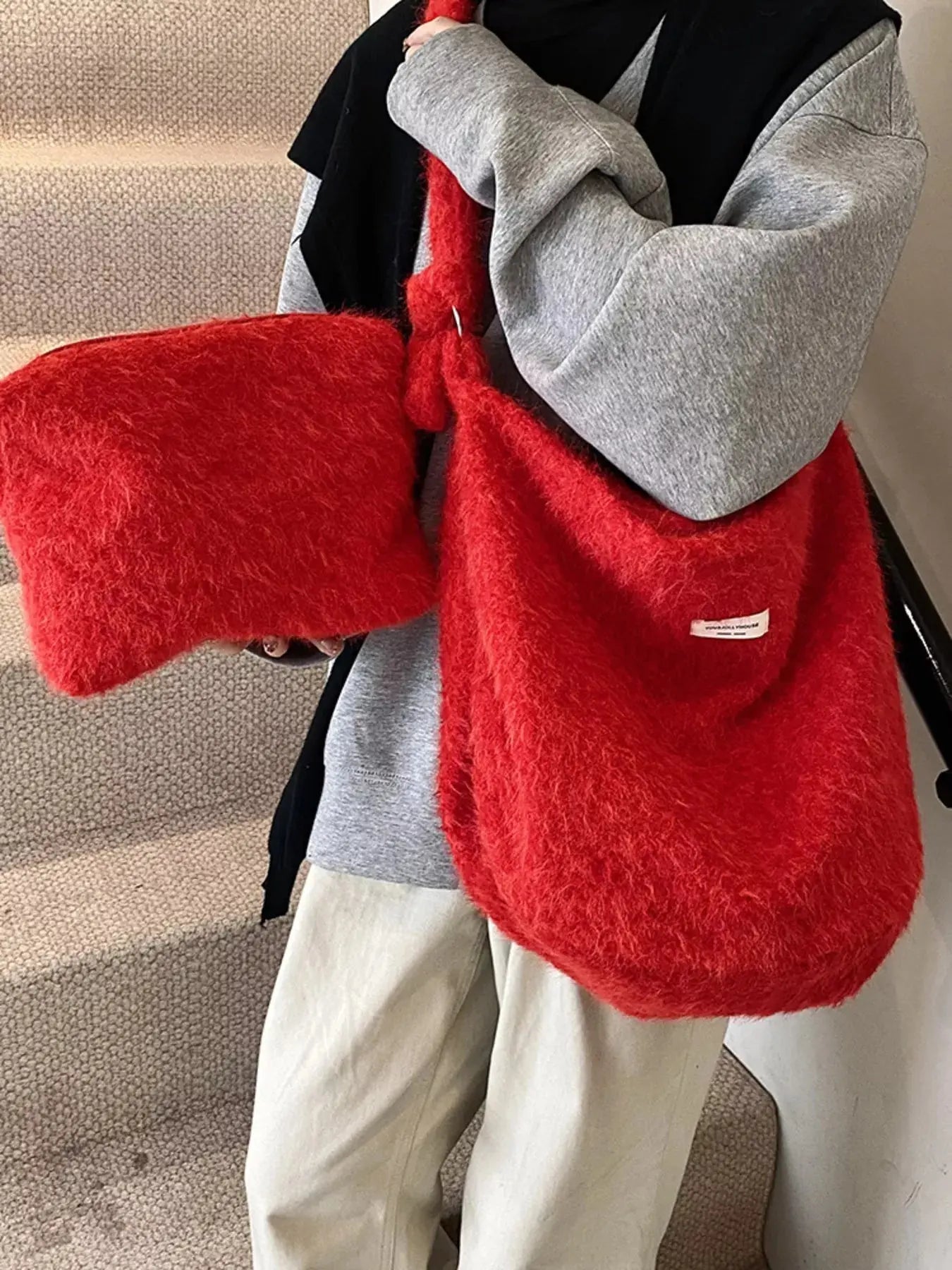 Red Plush Fuzzy Crossbody Bag Medium Size With Soft Cozy Texture Simply Love