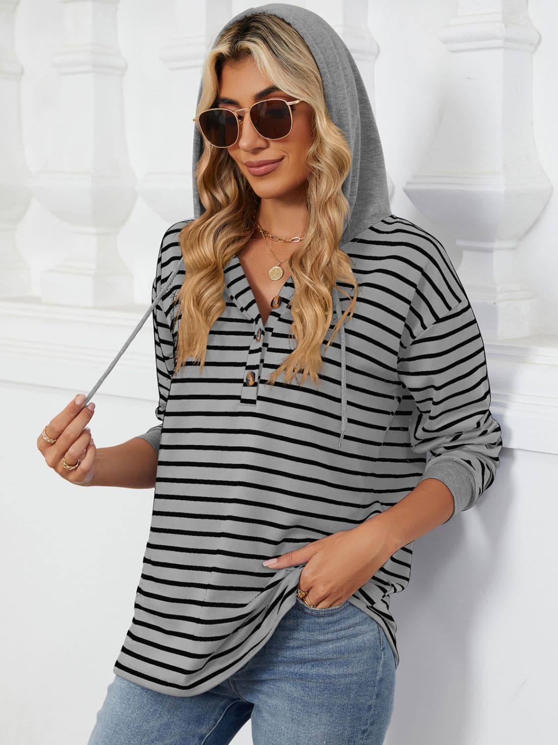 Drawstring Striped Long Sleeve Hoodie.