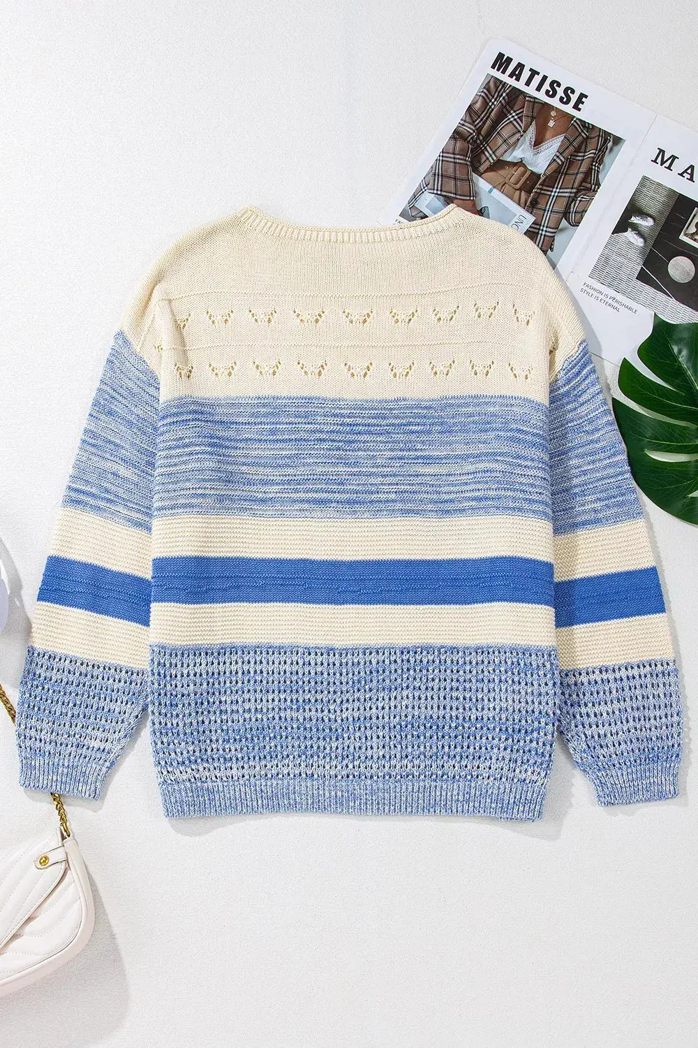 Openwork Striped Knit Long Sleeve Sweater Simply Love