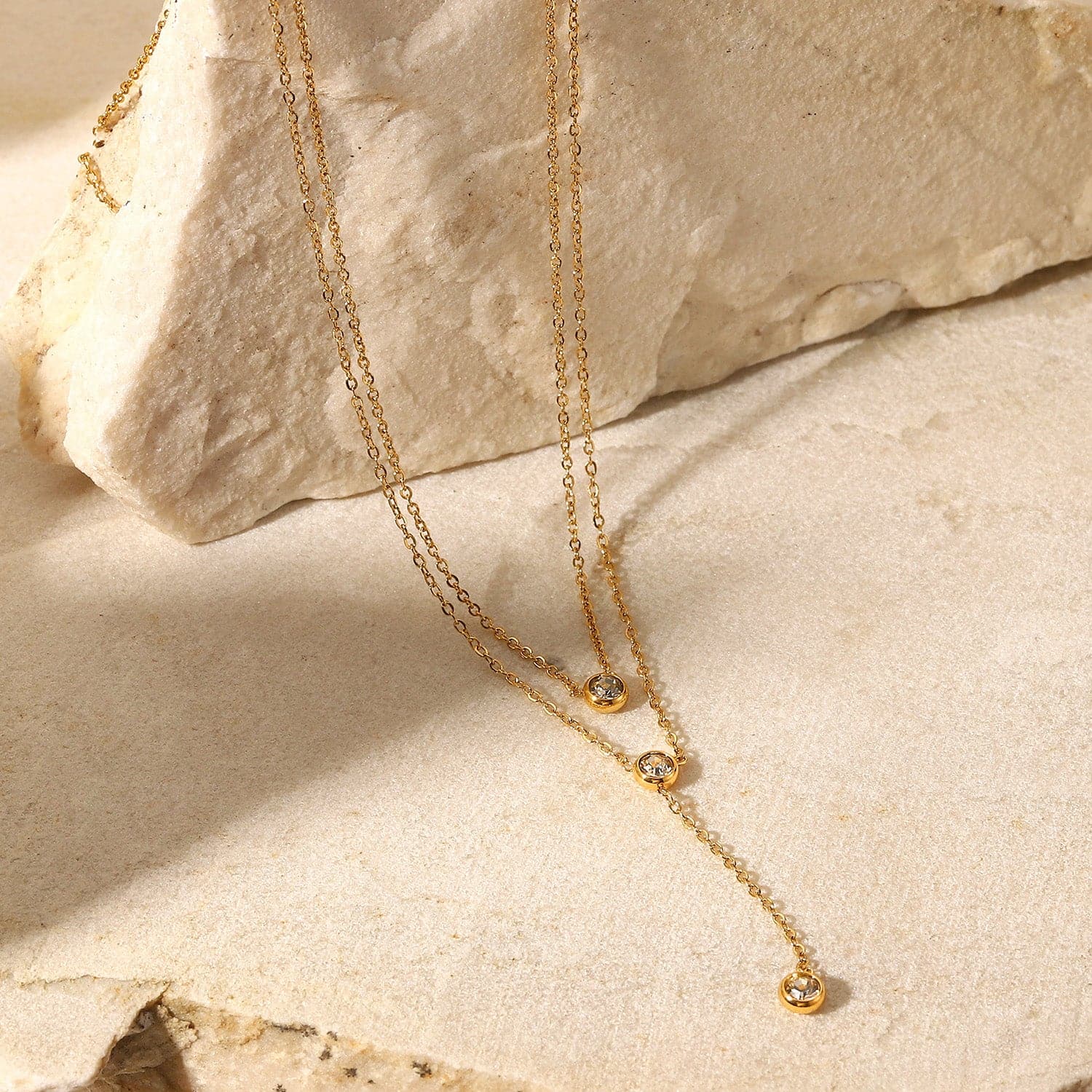 Stainless Steel Zircon Double-Layered Necklace.