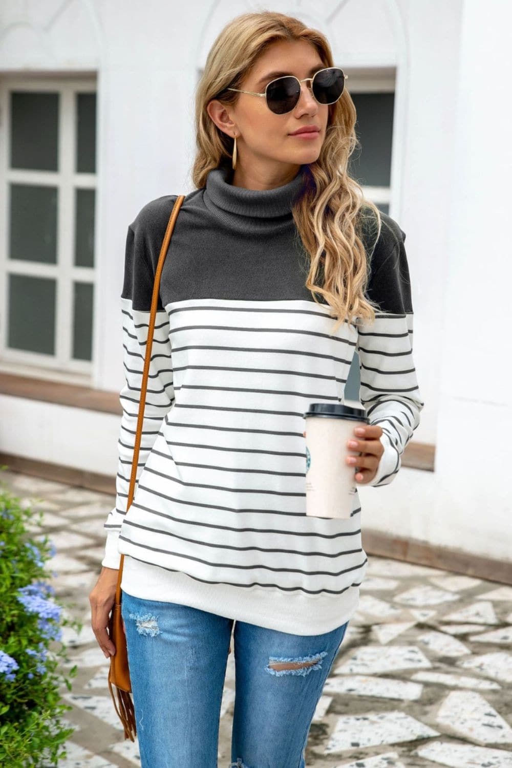 Striped Contrast Turtleneck Sweater.