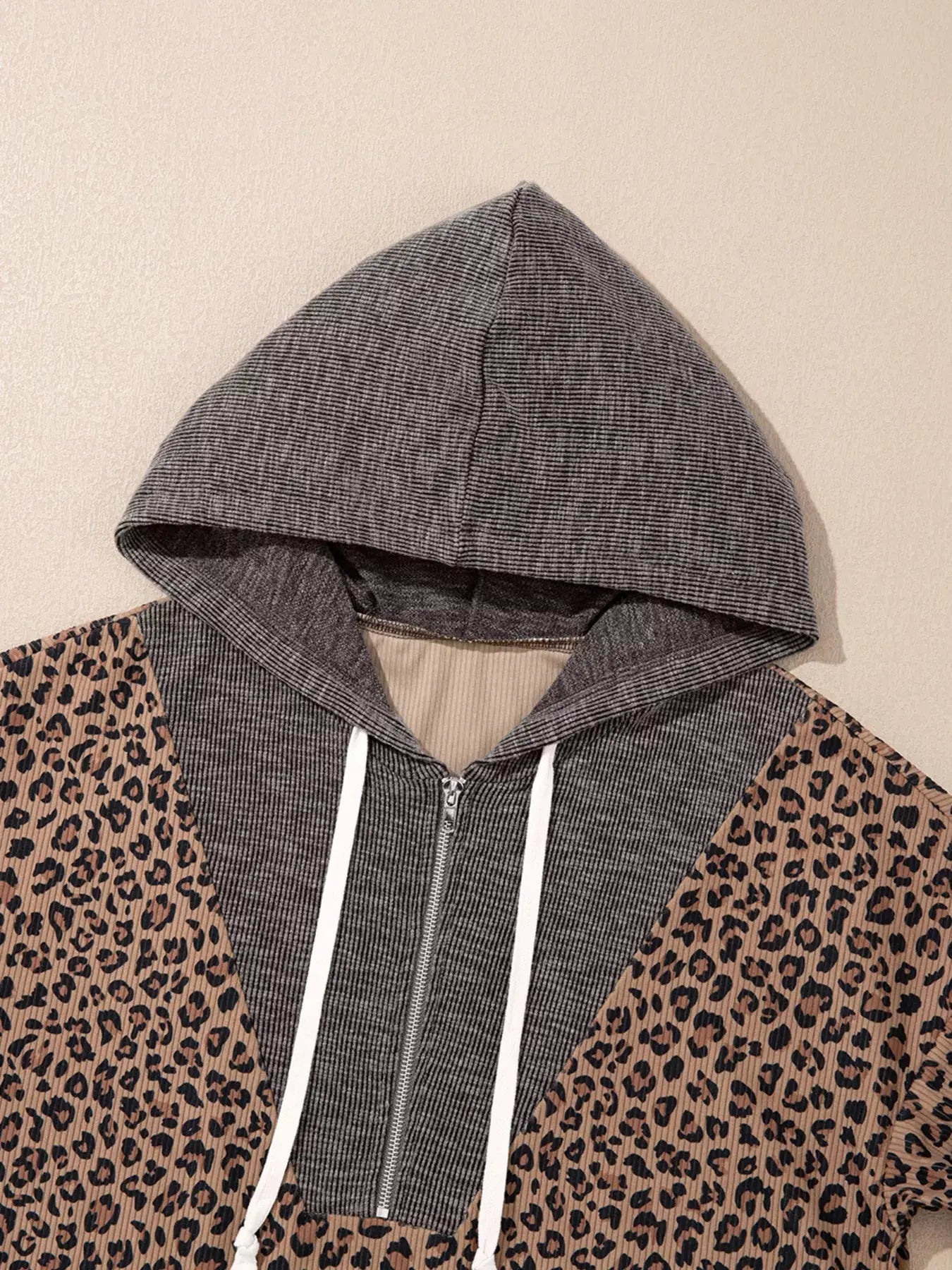 Ribbed Leopard Print Contrast Collar Zip Hoodie Simply Love