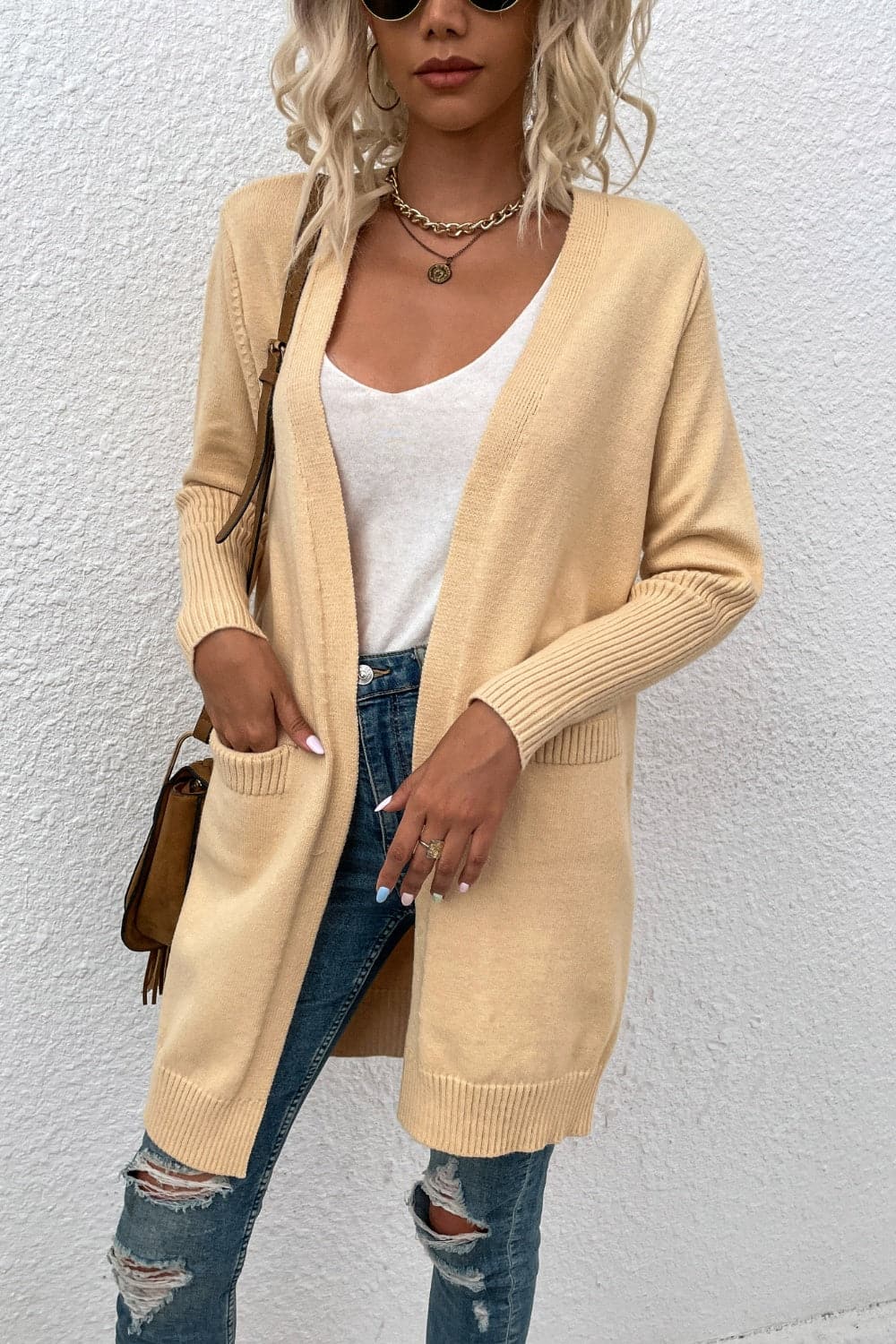 Open Front Long Sleeve Cardigan with Pockets.