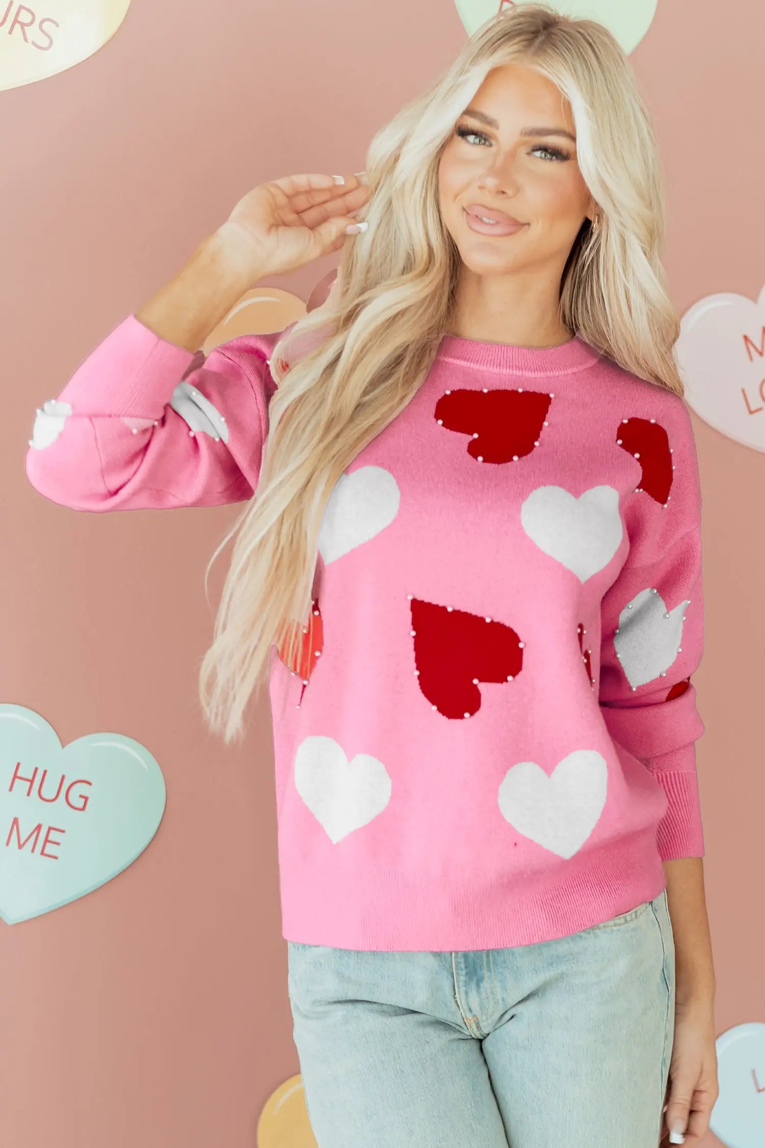 Pink Pearl Embellished Heart Pattern Valentines Day Knit Sweater Dear-Lover Dropshipping