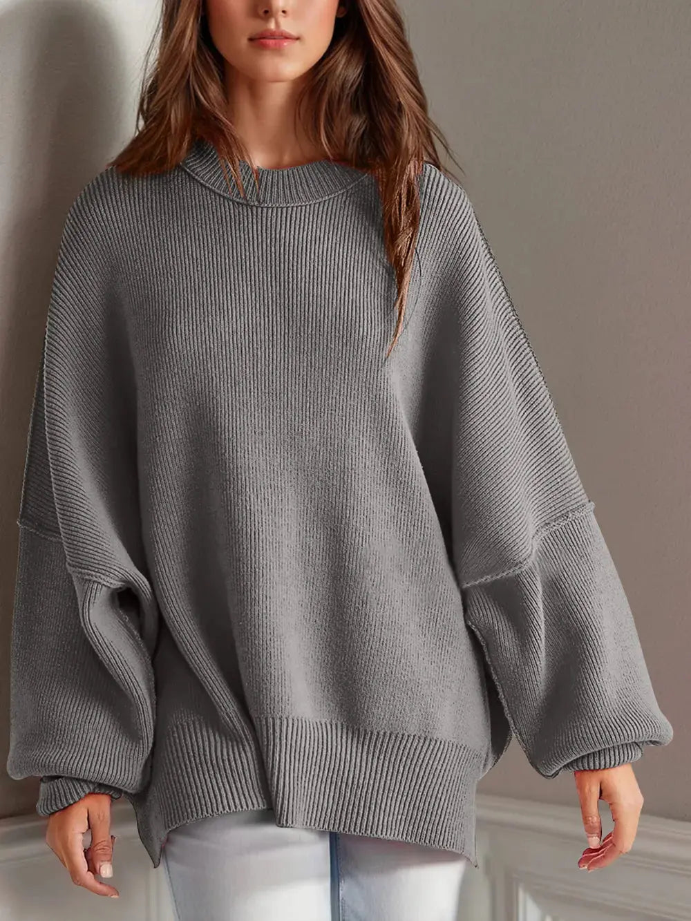 Double Take Side Slit Round Neck Long Sleeve Sweater - Love Salve