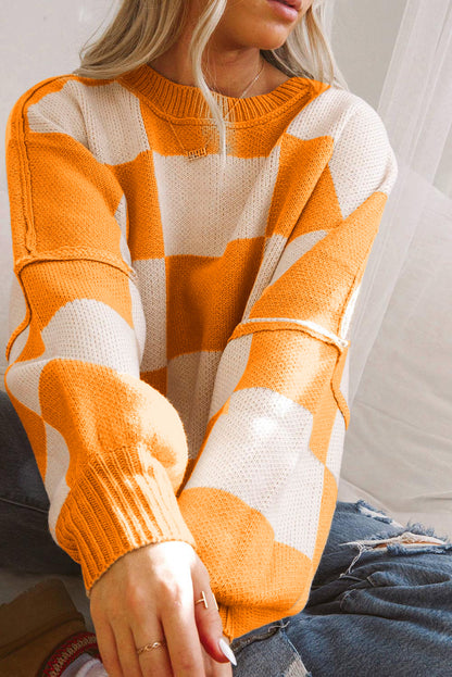 Chic orange checkered bishop sleeve knit sweater