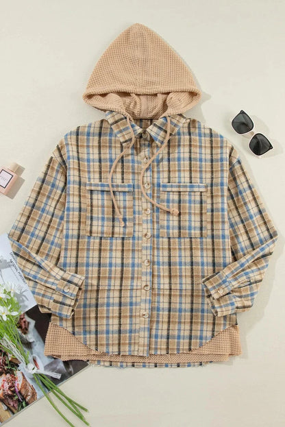 Drawstring Plaid Button Up Hooded Shacket.