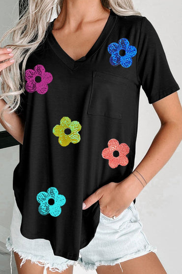 Sequin Flower V-Neck Short Sleeve T-Shirt.