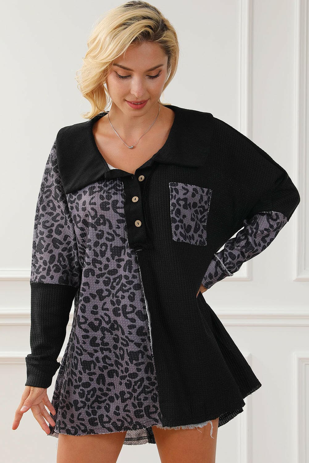 Half Button Leopard Collared Neck Blouse.