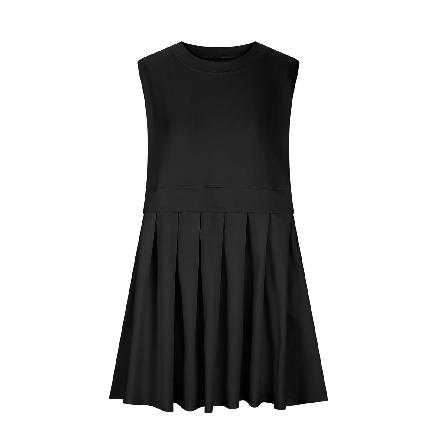 Pleated Round Neck Sleeveless Mini Dress.