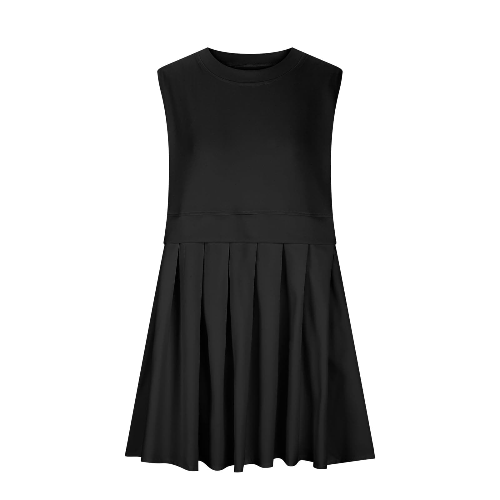 Pleated Round Neck Sleeveless Mini Dress.